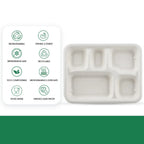 5-compartment Rectangle Lunch Compostable Bagasse Plate  10 Pcs Pack