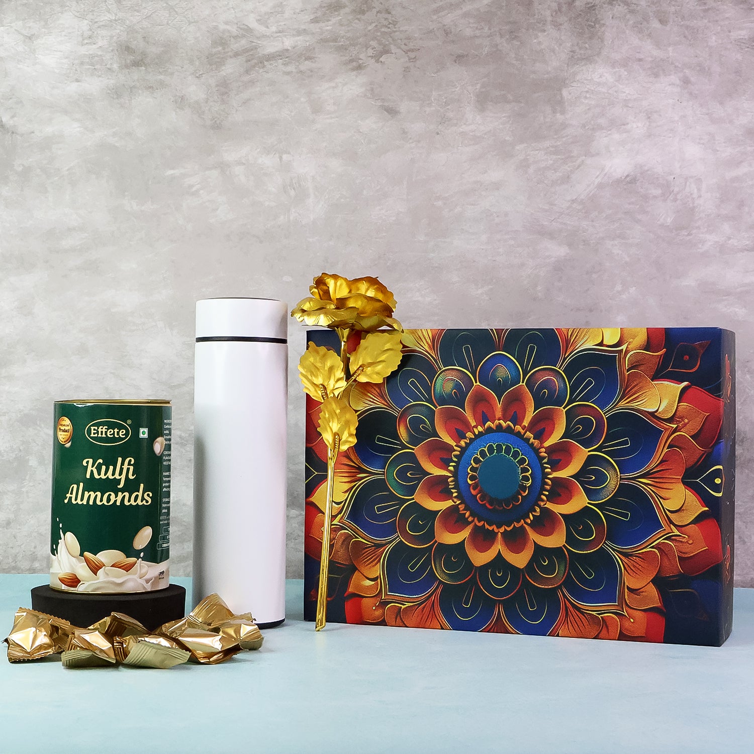 Effete Kulfi Almonds Gift Hamper Golden Rose With Bottle (3 Pc Set)