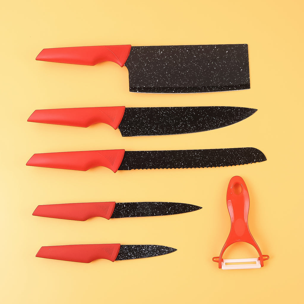 Kitchen Knife Set With Marble-coated Blades  Red Handles (6 Pc)