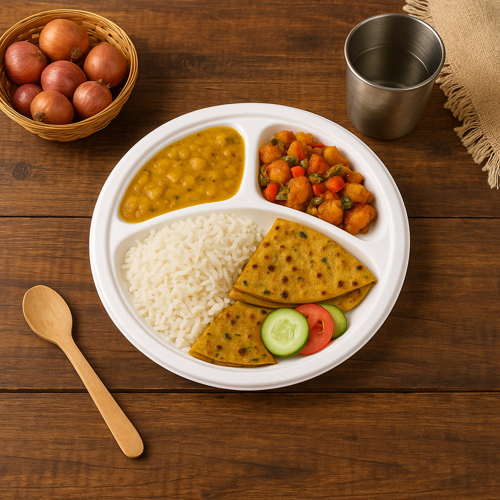 Freshee 10 Inch 3-compartment Round Compostable Bagasse Plate (10 Pc)