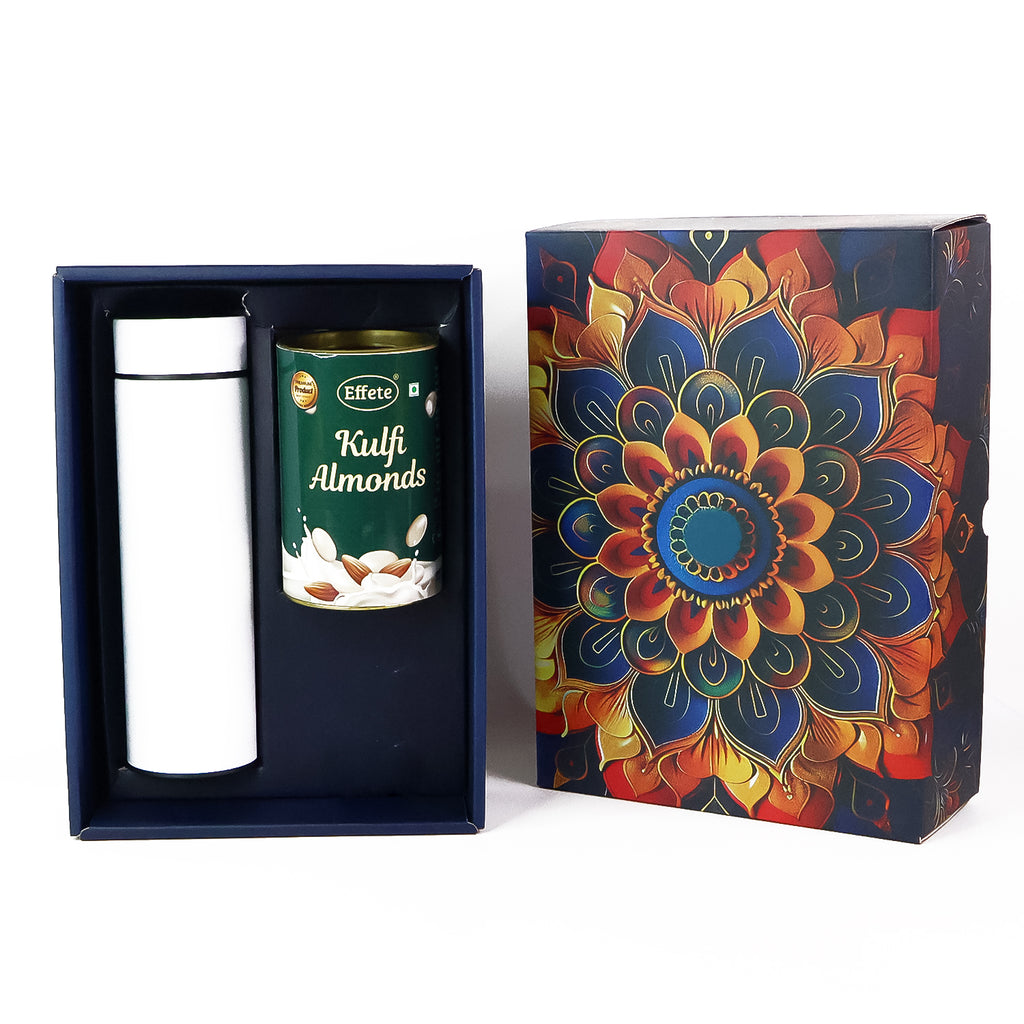 Effete Kulfi Almonds Gift Hamper Golden With Bottle (2 Pc Set)